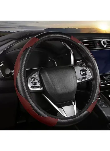 38cm Carbon Fiber Texture Car Steering Wheel Cover Leather Anti-skid Wheel Sleeve - Wine Red 