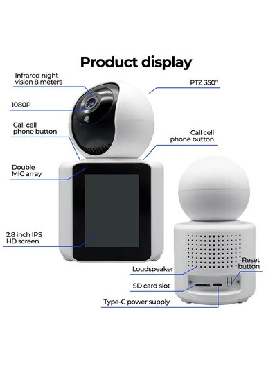 2.8-inch IPS Display AI Camera Monitor Two-Way Video Surveillance Camera APP Control 2.0MP Video Call WiFi IP Camera SXT003 (L9.2 x W7.9 x H15.3)cm - EU Plug