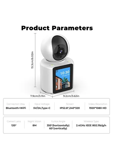 2.8-inch IPS Display AI Camera Monitor Two-Way Video Surveillance Camera APP Control 2.0MP Video Call WiFi IP Camera SXT003 (L9.2 x W7.9 x H15.3)cm - EU Plug