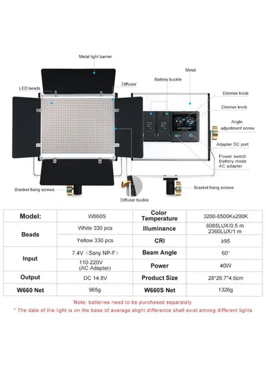 40W LED Video Light With Tripod Stand 3200-6500K Photography Studio Lighting For Video Film Recording W660S - EU Plug