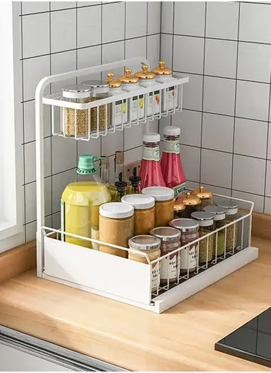 2-Tier Retractable Kitchen Spice Organizer Cabinet Pull-Out Spice Rack Shelf for Shelf Spice Herbs Teas - White