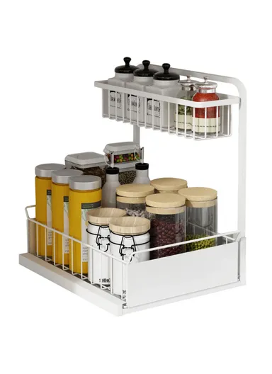 2-Tier Retractable Kitchen Spice Organizer Cabinet Pull-Out Spice Rack Shelf for Shelf Spice Herbs Teas - White