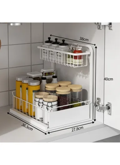 2-Tier Retractable Kitchen Spice Organizer Cabinet Pull-Out Spice Rack Shelf for Shelf Spice Herbs Teas - White