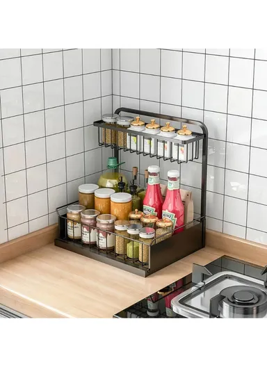 2-Tier Retractable Kitchen Spice Organizer Cabinet Pull-Out Spice Rack Shelf for Shelf Spice Herbs Teas - White