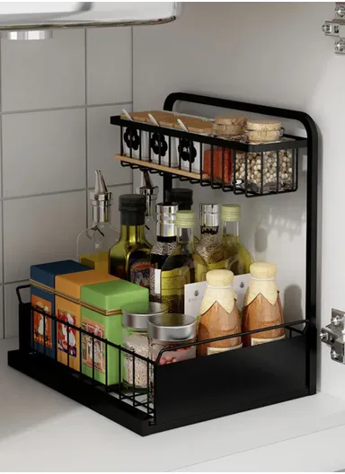 2-Tier Retractable Kitchen Spice Organizer Cabinet Pull-Out Spice Rack Shelf for Shelf Spice Herbs Teas - White