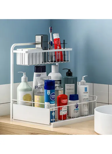 2-Tier Retractable Kitchen Spice Organizer Cabinet Pull-Out Spice Rack Shelf for Shelf Spice Herbs Teas - White