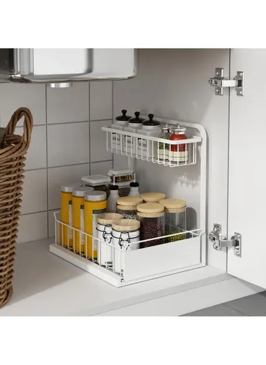 2-Tier Retractable Kitchen Spice Organizer Cabinet Pull-Out Spice Rack Shelf for Shelf Spice Herbs Teas - White