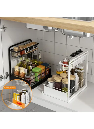 2-Tier Retractable Kitchen Spice Organizer Cabinet Pull-Out Spice Rack Shelf for Shelf Spice Herbs Teas - White