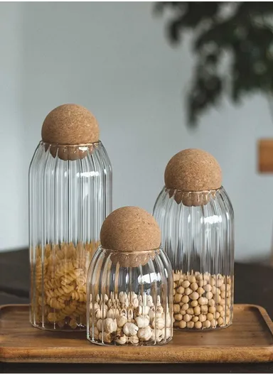 390/670/980ml Kitchen Glass Container with Cork Stopper Ball, Multi-Use Seasoning &amp; Food Storage Container