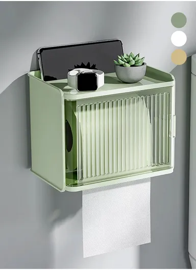 Wall-Mount Suction Toilet Paper Holder Storage Shelf Tissue Box Rack For Home Bathroom W8501 (W18 x D15 x H13.5)cm - Yellow