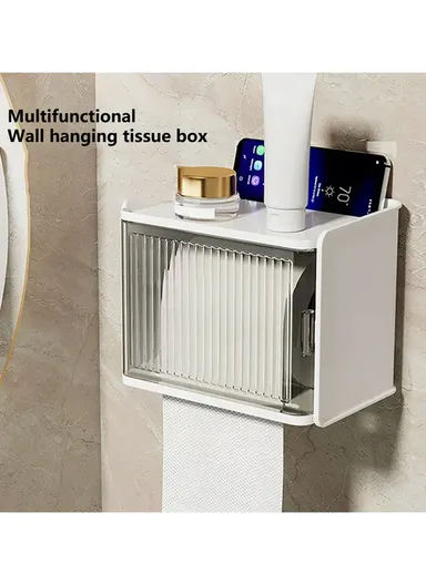 Wall-Mount Suction Toilet Paper Holder Storage Shelf Tissue Box Rack For Home Bathroom W8501 (W18 x D15 x H13.5)cm - Yellow