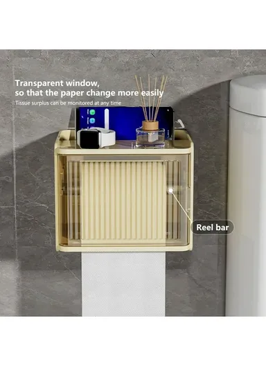 Wall-Mount Suction Toilet Paper Holder Storage Shelf Tissue Box Rack For Home Bathroom W8501 (W18 x D15 x H13.5)cm - Yellow