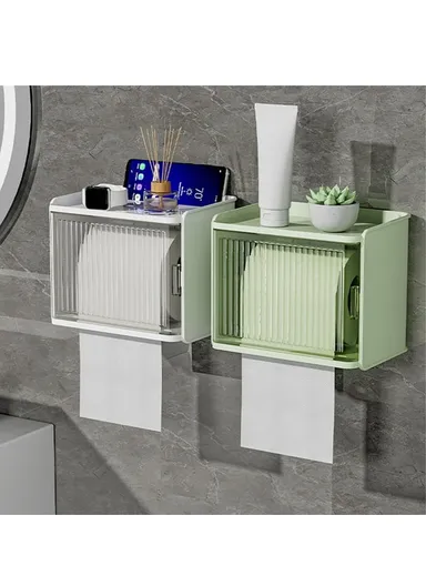 Wall-Mount Suction Toilet Paper Holder Storage Shelf Tissue Box Rack For Home Bathroom W8501 (W18 x D15 x H13.5)cm - Yellow