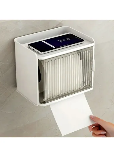 Wall-Mount Suction Toilet Paper Holder Storage Shelf Tissue Box Rack For Home Bathroom W8501 (W18 x D15 x H13.5)cm - Yellow