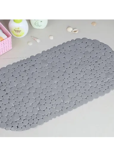 69x35cm Anti Bacterial Oval PVC Mat With Stone Pattern Design &amp; Anti Slip Suction Cups for Bathroom Floor - Grey