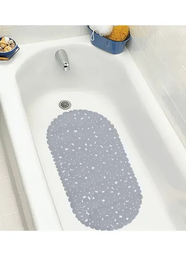 69x35cm Anti Bacterial Oval PVC Mat With Stone Pattern Design &amp; Anti Slip Suction Cups for Bathroom Floor - Grey