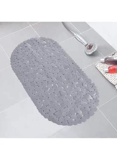 69x35cm Anti Bacterial Oval PVC Mat With Stone Pattern Design &amp; Anti Slip Suction Cups for Bathroom Floor - Grey