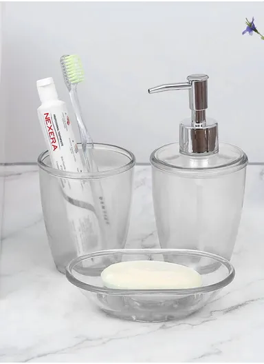 3-Pcs Modern Bathroom Accessories Set Soap Dispenser, Tumbler &amp; Soap Dish Home Decor - Transparent