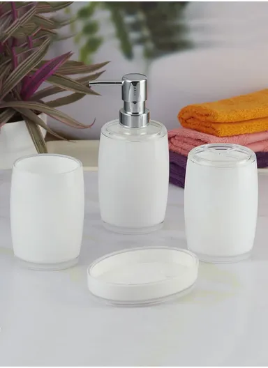 4-Pcs Modern Luxury Acrylic Bathroom Accessories Set, Soap Dish, Tumbler, Toothbrush Holder &amp; Soap Dispenser JS10066-4 - White
