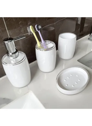 4-Pcs Modern Luxury Acrylic Bathroom Accessories Set, Soap Dish, Tumbler, Toothbrush Holder &amp; Soap Dispenser JS10066-4 - White