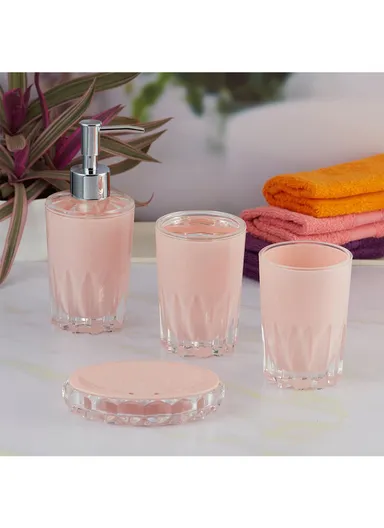 4-Pcs Modern Luxury Acrylic Bathroom Accessories Set, Soap Dish, Tumbler, Toothbrush Holder &amp; Soap Dispenser - Pink