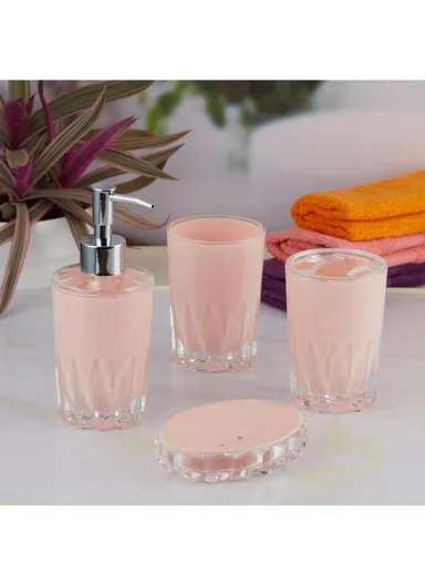 4-Pcs Modern Luxury Acrylic Bathroom Accessories Set, Soap Dish, Tumbler, Toothbrush Holder &amp; Soap Dispenser - Pink