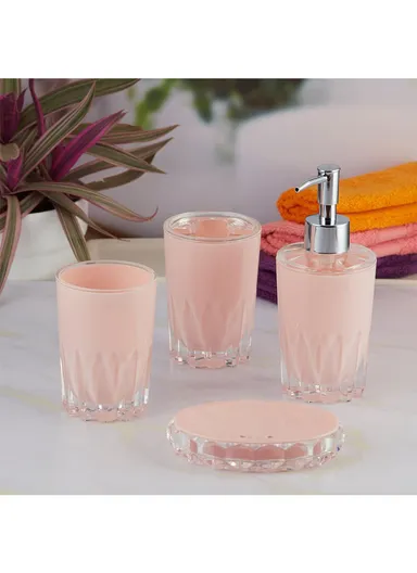 4-Pcs Modern Luxury Acrylic Bathroom Accessories Set, Soap Dish, Tumbler, Toothbrush Holder &amp; Soap Dispenser - Pink