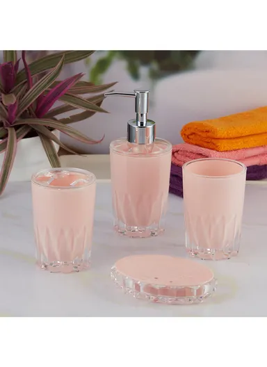 4-Pcs Modern Luxury Acrylic Bathroom Accessories Set, Soap Dish, Tumbler, Toothbrush Holder &amp; Soap Dispenser - Pink