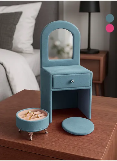 Velvet Dressing Table Shape Fabric Elegant Jewelry Box Organizer With Mirror &amp; Chair A05-YC98 (L9 x W11 x H23)cm