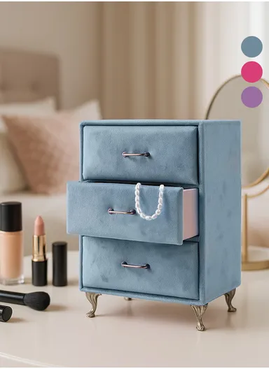 High-Quality Velvet Fabric Elegant Jewelry Box Organizer Dresser Shape Consists Of 3 Drawers A03-YC98 (W15 x D9 x H19.5)cm