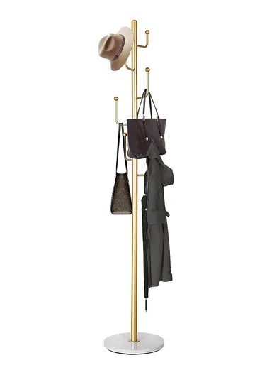 Metal Coat Hanger with Round Slate Base &amp; 6 Independent Hanger Hooks Easy To Assemble, Practical &amp; Stable YF-27 (D32 x H170)cm - Gold / White