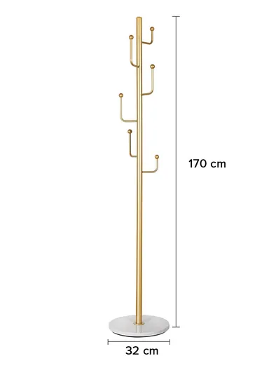 Metal Coat Hanger with Round Slate Base &amp; 6 Independent Hanger Hooks Easy To Assemble, Practical &amp; Stable YF-27 (D32 x H170)cm - Gold / White