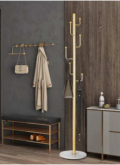 Metal Coat Hanger with Round Slate Base &amp; 6 Independent Hanger Hooks Easy To Assemble, Practical &amp; Stable YF-27 (D32 x H170)cm - Gold / White