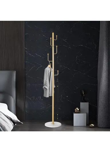 Metal Coat Hanger with Round Slate Base &amp; 6 Independent Hanger Hooks Easy To Assemble, Practical &amp; Stable YF-27 (D32 x H170)cm - Gold / White