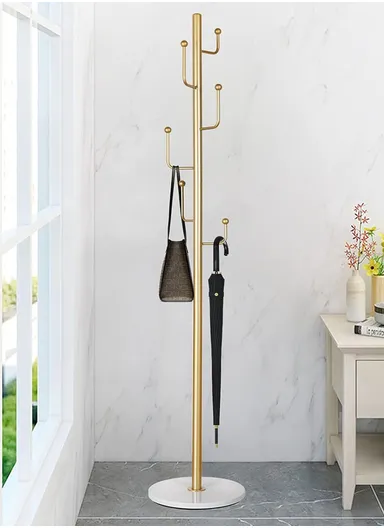 Metal Coat Hanger with Round Slate Base &amp; 6 Independent Hanger Hooks Easy To Assemble, Practical &amp; Stable YF-27 (D32 x H170)cm - Gold / White