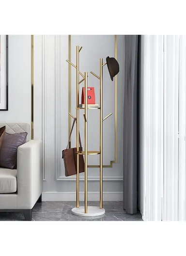 Metal Coat Hanger With Round Stable Marble Base &amp; 9 Independent Hanger Hooks Easy To Assemble, Practical &amp; Stable (D32 x H170)cm - White