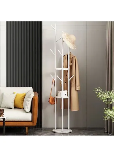 Metal Coat Hanger With Round Stable Marble Base &amp; 9 Independent Hanger Hooks Easy To Assemble, Practical &amp; Stable (D32 x H170)cm - White