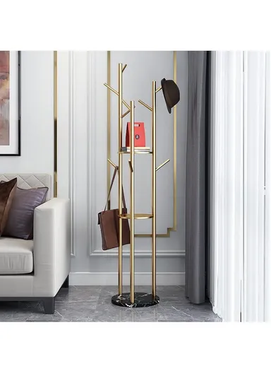 Metal Coat Hanger With Round Stable Marble Base &amp; 9 Independent Hanger Hooks Easy To Assemble, Practical &amp; Stable (D32 x H170)cm - White