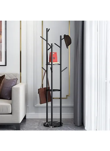 Metal Coat Hanger With Round Stable Marble Base &amp; 9 Independent Hanger Hooks Easy To Assemble, Practical &amp; Stable (D32 x H170)cm - White