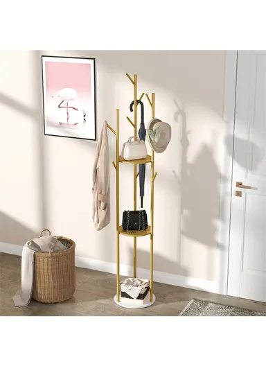 Metal Coat Hanger With Round Stable Marble Base &amp; 9 Independent Hanger Hooks Easy To Assemble, Practical &amp; Stable (D32 x H170)cm - White