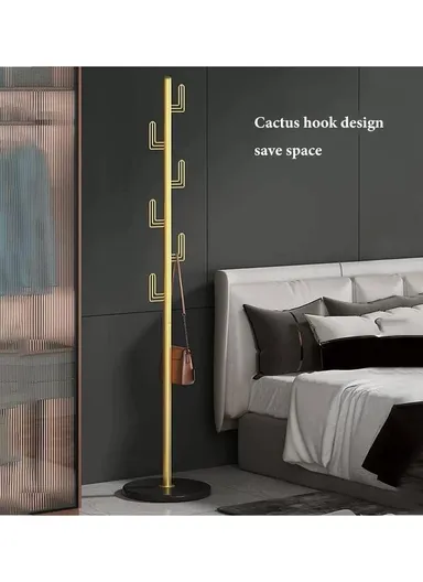 Cactus Design Sturdy Metal Coat Hanger with Round Marble Base &amp; 6 Independent Hooks (D32 x H170)cm - White