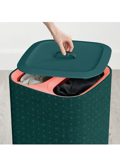 60L Cotton &amp; Polyester Dual Compartments Laundry Basket With Lid