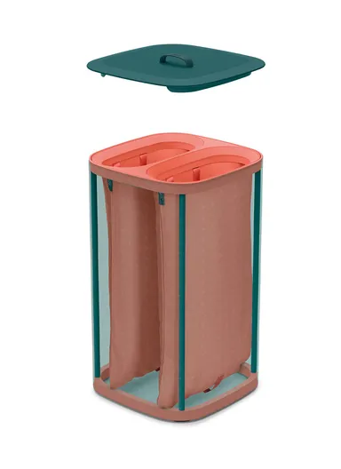 60L Cotton &amp; Polyester Dual Compartments Laundry Basket With Lid