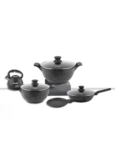 7 pcs 26/28cm Non-stick Bio-Grit Casserole Set With 2 Fry Pan For Pizza, Food, Sweet &amp; 3.4L Kettle SF-1120