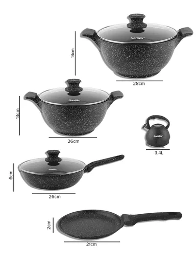 7 pcs 26/28cm Non-stick Bio-Grit Casserole Set With 2 Fry Pan For Pizza, Food, Sweet &amp; 3.4L Kettle SF-1120