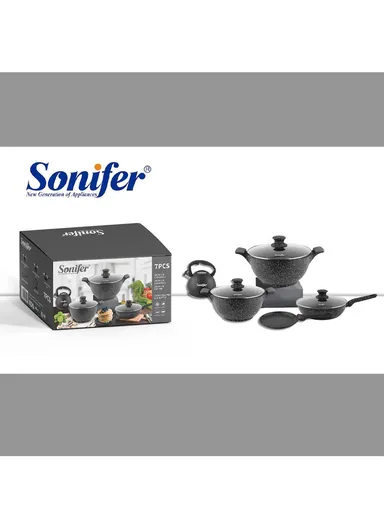 7 pcs 26/28cm Non-stick Bio-Grit Casserole Set With 2 Fry Pan For Pizza, Food, Sweet &amp; 3.4L Kettle SF-1120