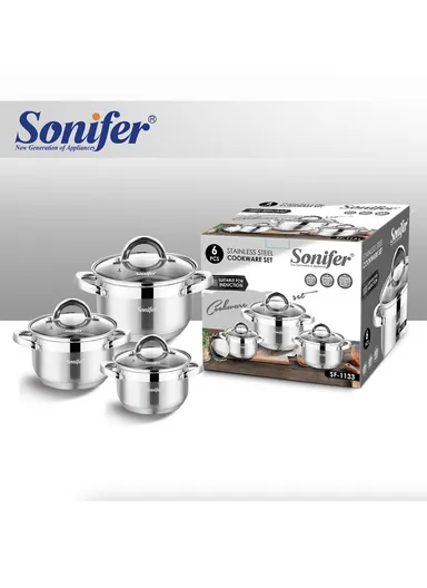 6 Pcs 24/26/28cm Stainless Steel Cookware Set With 3 Casseroles &amp; 3 Matching Lids SF-1133