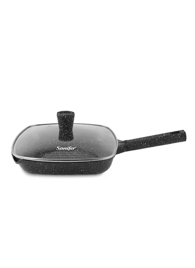 28cm 2.6L Heat-Resistant Non-Stick Granite Grill Pan With Lid SF-1125 (L28x W28 x H4) cm