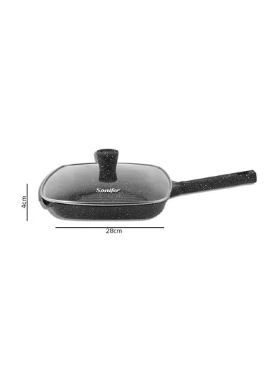 28cm 2.6L Heat-Resistant Non-Stick Granite Grill Pan With Lid SF-1125 (L28x W28 x H4) cm