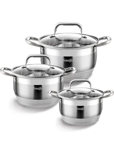 6 Pcs 16/18/20cm 9 Steps Bottom Stainless Steel Cookware Set With 3 Casseroles &amp; 3 Matching Lids SF-1137